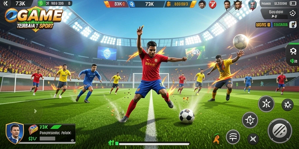Screenshot gameplay 73K menunjukkan aksi seru di lapangan olahraga.