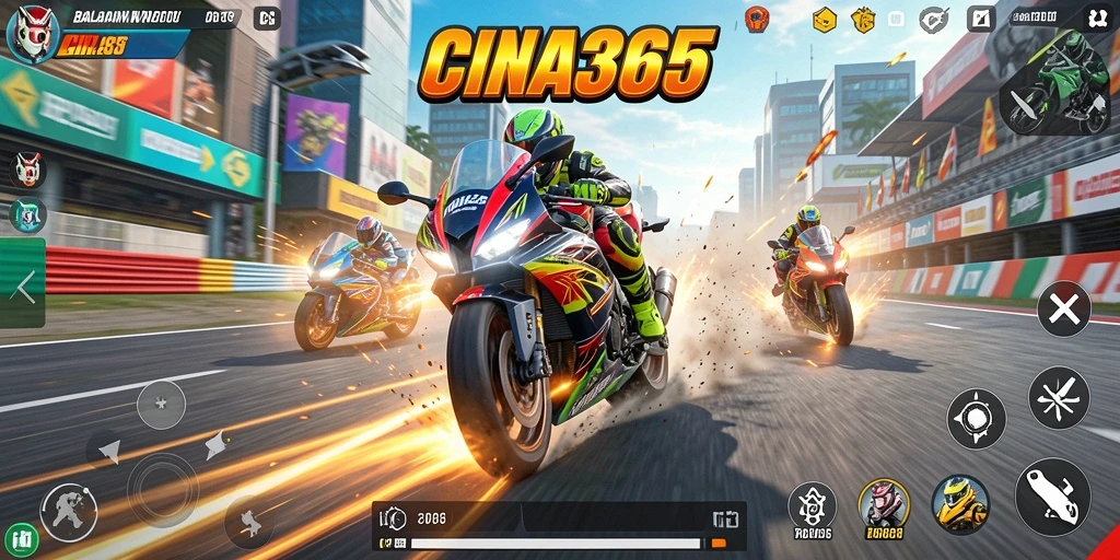 Tampilan utama gameplay CINA365 dengan aksi balapan motor yang mendebarkan.