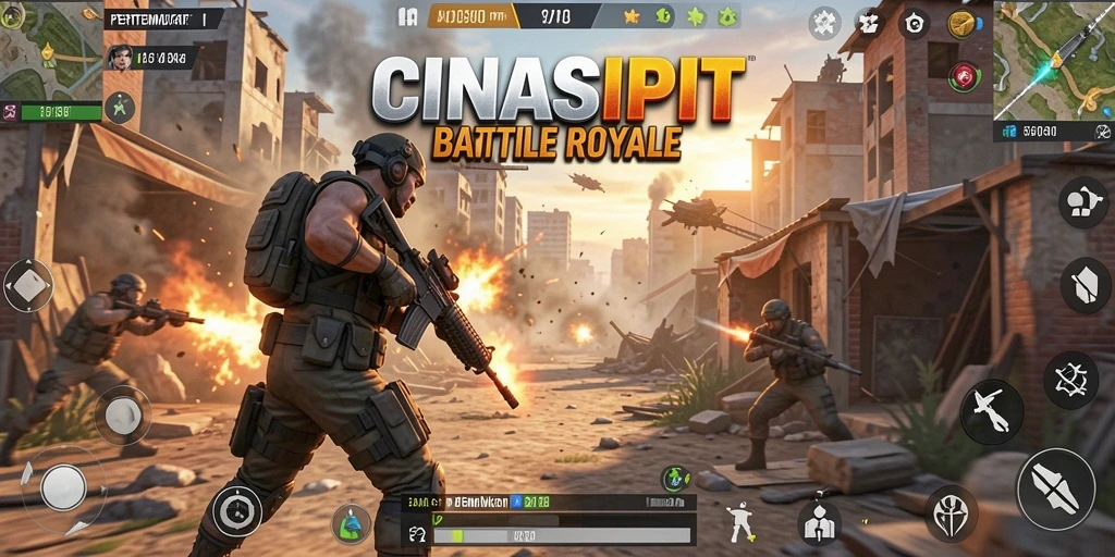 Tampilan aksi seru dalam game Battle Royale CINASIPIT yang menampilkan pertarungan antar pemain.