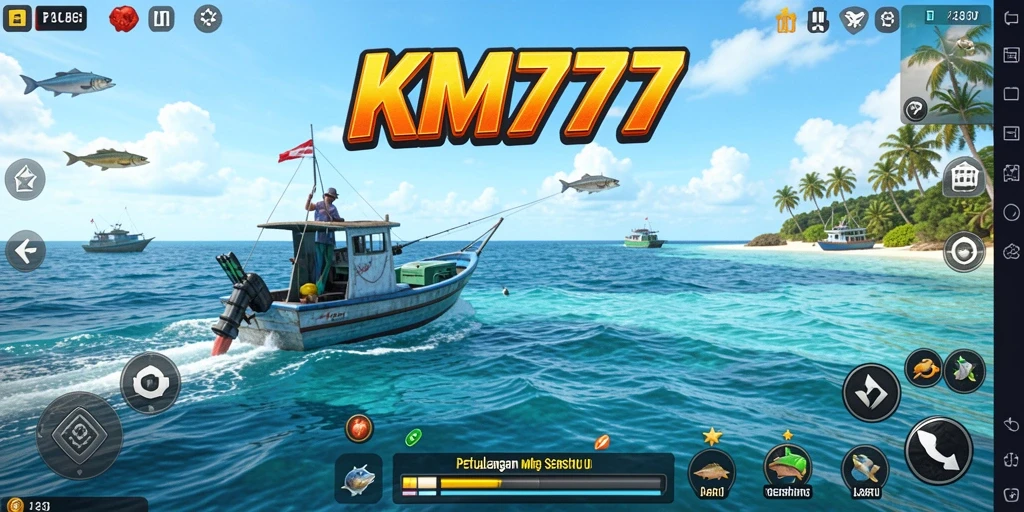 Screenshot gameplay KM777 dengan aksi memancing yang mendebarkan.