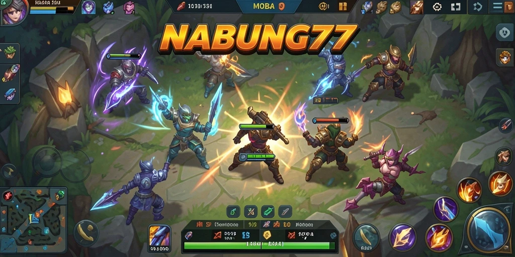 Screenshot utama NABUNG77 menunjukkan aksi intens dalam pertempuran MOBA.