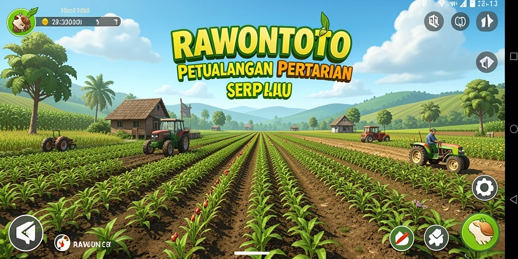 Screenshot gameplay RAWONTOTO menampilkan pertanian yang rimbun dan interaksi antar pemain.
